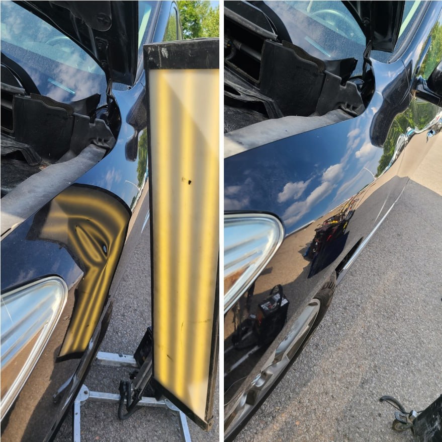 Paintless dent repair before and after car door Ontario