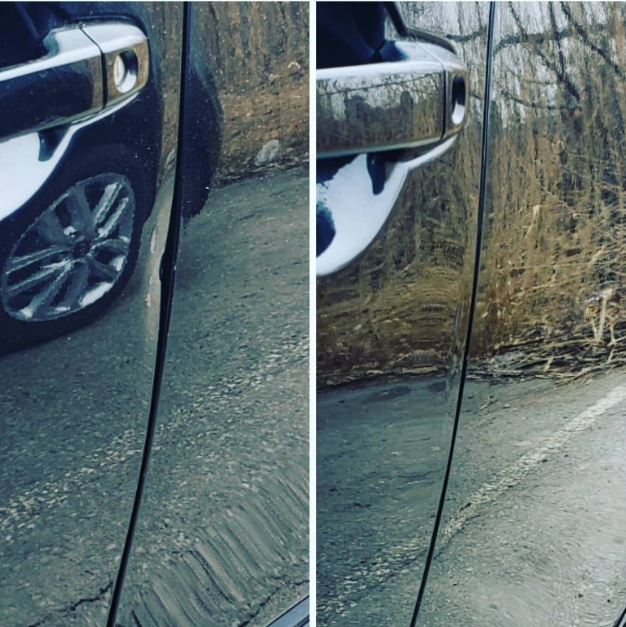 Mobile PDR result on rear door black vehicle — Premium Dent Repair Ontario