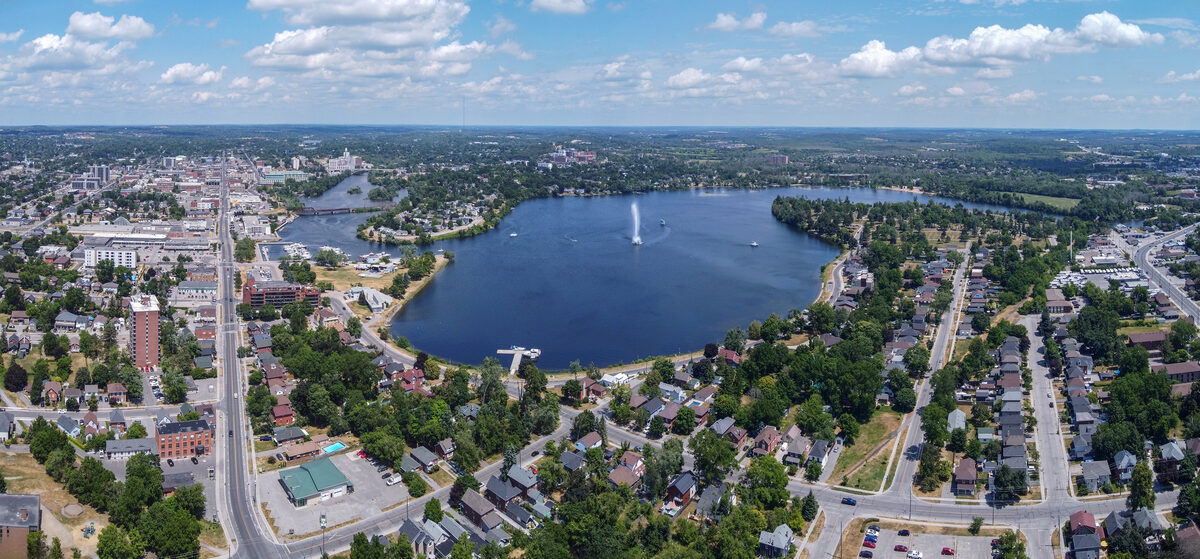Aerial view of Peterborough Ontario and Little Lake — Premium Dent Repair serves the Peterborough and Kawarthas region
