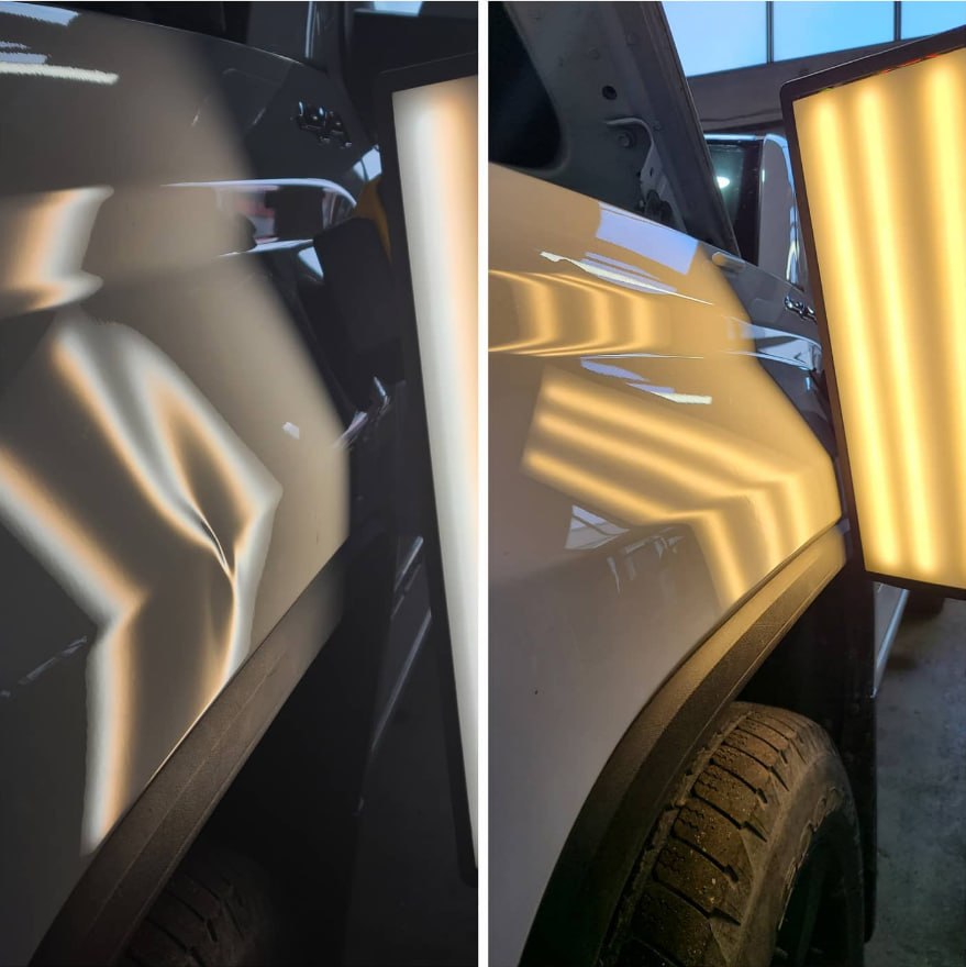 Before and after &mdash; paintless dent repair on a customer vehicle in Cobourg, Ontario