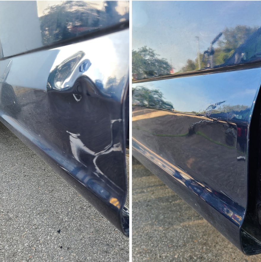 Before and after &mdash; paintless dent repair on a customer vehicle in Kawartha Lakes, Ontario